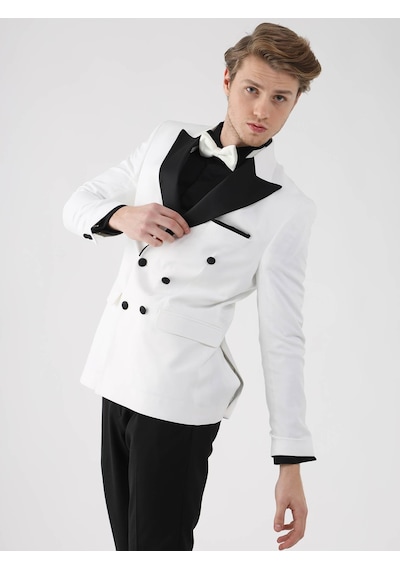 Dufy Ekru-Siyah Erkek Slim Fit Sivri Yaka Smokin Takım - 92441 Ekru - Siyah Dufy Ekru-Siyah Erkek Slim Fit Sivri Yaka Smokin Takım - 92441 Ekru - Siyah