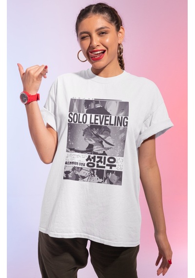 Solo Leveling Baskılı Unisex Oversize Anime Tişört Beyaz