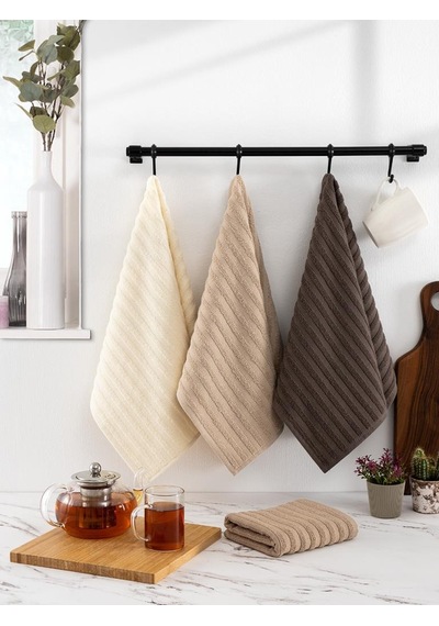 Mutfak Havlu Şal Seti 4 Lü Ramla Softline Çizgili Dokuma Renkli - 40x65 Cm Antrasit - Krem