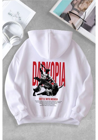 Macklin Unisex Kadın Erkek Battle With Medusa Özel Tasarım Baskılı Kapşonlu Sweatshirt Beyaz Mck1083 Beyaz