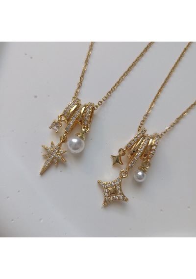 Lente Aksesuar Çelik Zincir Gold Yıldız Ve İncili Charm Kolye-kadın Kolye Gold