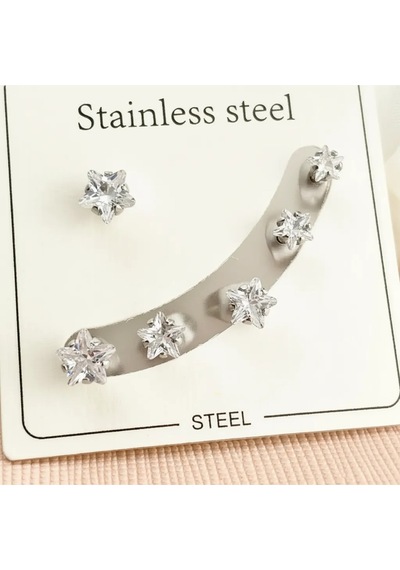 Tektaş Küpe Yıldız Model Tektaş Üçlü Set Küpe Kararmaz Çelik Silver