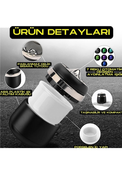 Carub Araç İçi Küllük Porselen + Abs 7 Renk Işıklı Kapaklı Yanmaz Koku Geçirmez Krom Siyah Renk Br2944644