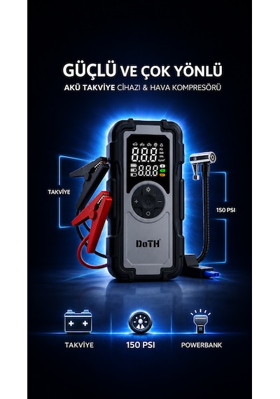 Akü Takviye Lastik Şişirme Pompası Powerbank Led Işıklı Dijital Gösterge Gerçek 8.000 Mah
