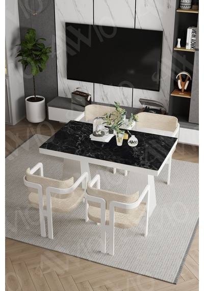 Avvio Lato Lake Mdf Ayak Tokyo Demonte Sandalye 80x120 Yemek Masası Mutfak Masası 4 Kişilik Siyah Mermer