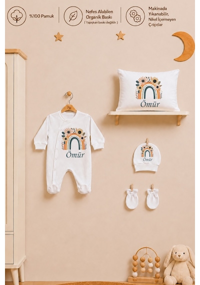 Pia Baby Kız Bebek Hastane Çıkışı 6 Parça %100 Pamuk İsme Özel Kese Hediyeli Tulum Şapka Eldiven Seti 1004tybk0x Krem