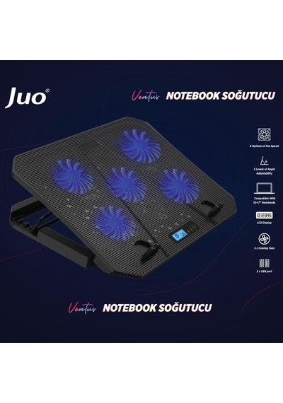 Juo Ventus 5 Fanlı Led Aydınlatmalı Notebook Soğutucu Siyah