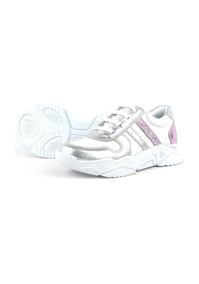 Hakiki Deri Gümüş Pembe Kalın Tabanlı Kız Çocuk Sneakers Ayakkabı Gümüş