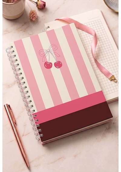 Kiraz Desenli Sert Kapak Spiralli Kareli Defter 17x24cm 120 Yaprak 1 Adet Not Defteri Okul Büro Ofis Defteri Pembe