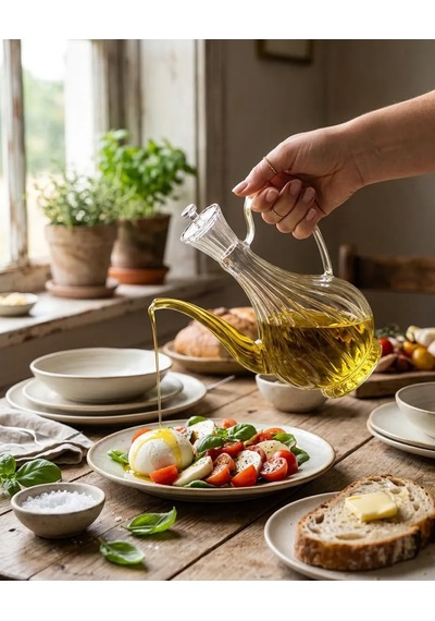 Cam Yağdanlık 750 Ml Glory Çizgili Borosilikat Sirkelik El Üretimi Yağ, Sirke Ve Sos Şişesi Çizgili-cam Şeffaf