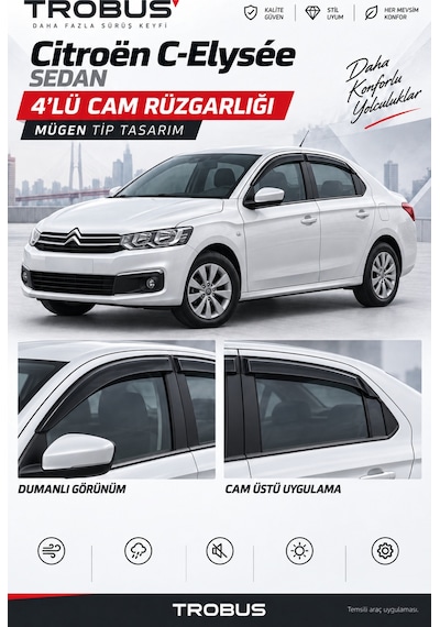 Plus Citroen C-elysee Sedan Tüm Yıllar Uyumlu Mügen Cam Rüzgarlığı 4'lü