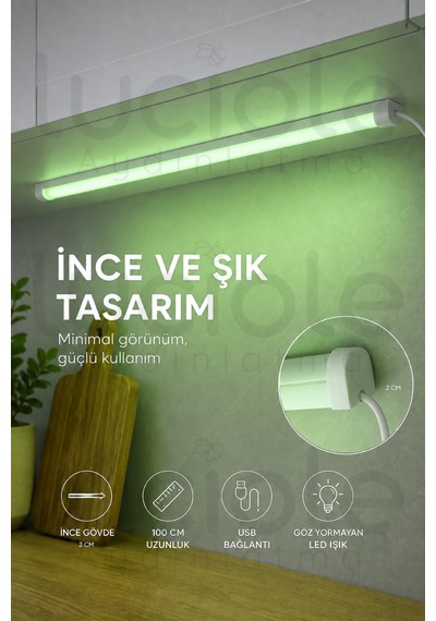 Yeşil Led Profil Lamba 100 Cm Usb 5v Anahtarlı Yapışkanlı Raf Dolap Vitrin Tezgah Aydınlatması