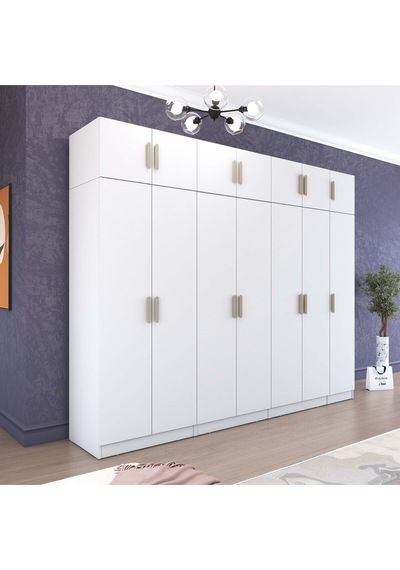 Rani Ba215 Geniş Gardırop Elbise Dolabı 14 Kapaklı 12 Raflı 3 Askılı Modüler Dolap Beyaz