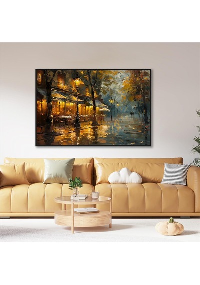 Yağlı Boya Dokulu Tablo Modern Paris Sokak Kafe Siyah Çerçeveli U09015-179126