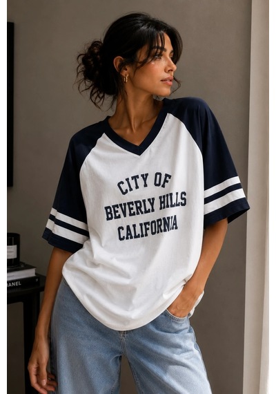 Bbbutikbasic Baskılı Oversize V Yaka Salaş Tişört My3535 Beyaz