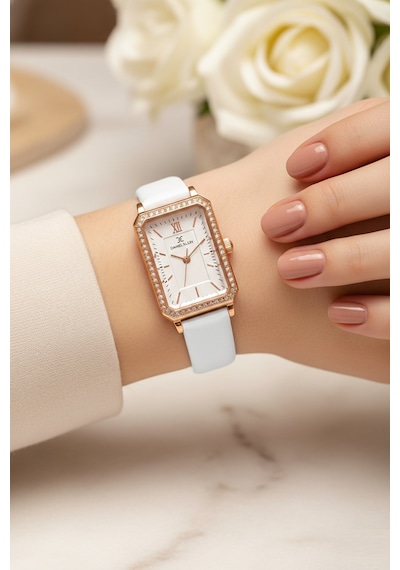 Daniel Klein Dke.1.13971.5 Beyaz Taşlı Dikdörtgen Deri Kordonlu Vintage Kadın Kol Saati Rose Gold