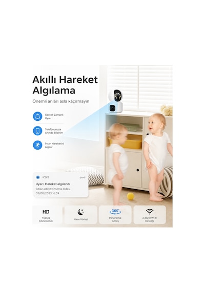 Uninet Full Hd Çift Kameralı Wifi Akıllı Kamera Gece Görüşü, Hareket Bildirimi Ve Telefonla Uzaktan Izleme Ve 355 Derece Döner Başlıklı Ptz Kamera