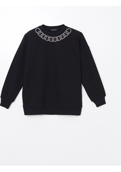 Lcw Modest Siyah Bisiklet Yaka Baskılı Oversize Kadın Sweatshirt