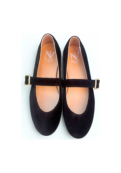 Ne&ve Shoes Siyah Süet Hakiki Deri Yuvarlak Burunlu Tokalı Kadın Babet