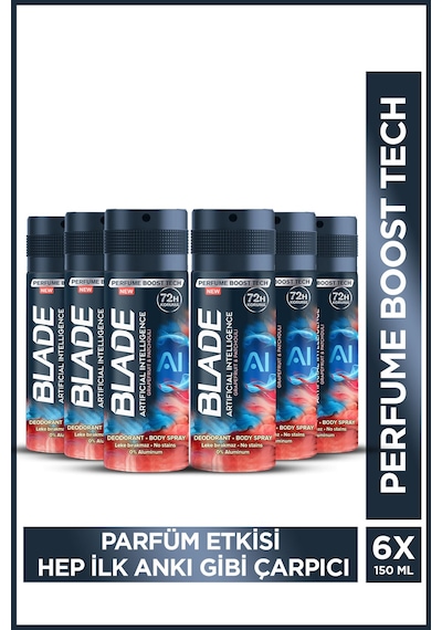 Artificial Intelligence Erkek Alüminyumsuz Deodorant Body Spray 6x150 ML Hızlı Kurur, Leke Bırakmaz