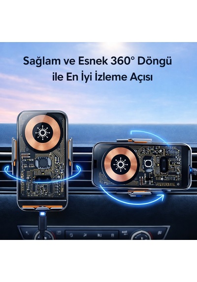 Qasul C11güç, Teknoloji Ve Tasarım Bir Arada 360 Dönebilen Akıllı Araç Telefon Tutucu & Kablosuz Şarj Standı Type-c / Micro Usb / Lightning Siyah