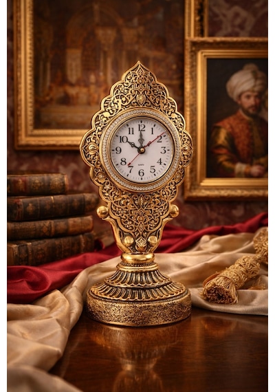 Nostaljik Vintage Taş İşlemeli Kabartmalı Lüks Altın Renk Dekoratif Salon Ve Ofis Masa Saati 29 Cm Gold
