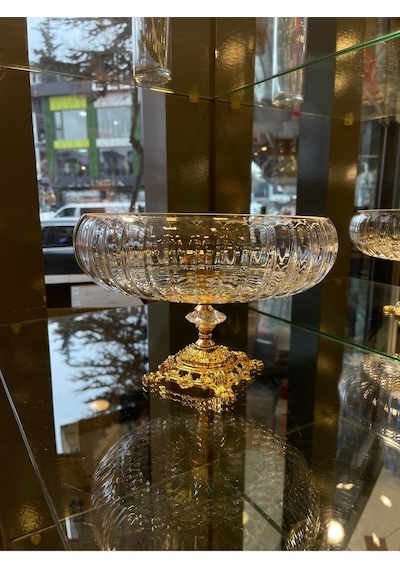 Paşabahçe Lotus Kristal 24 Cm Kesme Dekor Gold Ayak Salata Kasesi Cam Sunumluk- Servis Tabağı