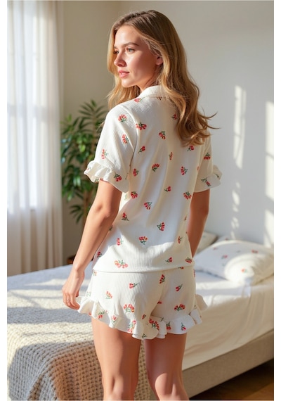 Bella Notte Çiçek Baskılı Fırfırlı Pijama Takımı Ekru