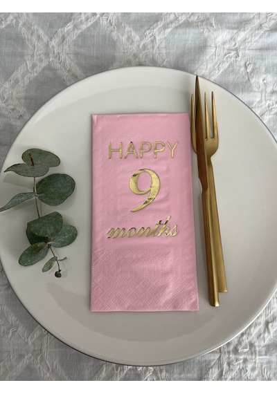 Gold Yaldızlı Pembe Happy 9 Yaş Months Garson Katlama Peçete 16 Adet