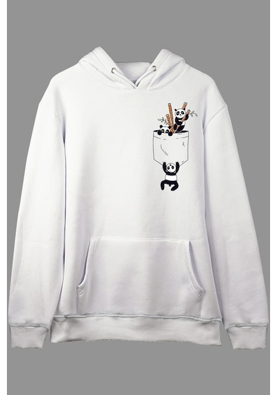 Startmore Oversize Sevimli Panda Cep Tasarımlı Baskılı Kapüşonlu Sweatshirt Hoodie Beyaz Beyaz