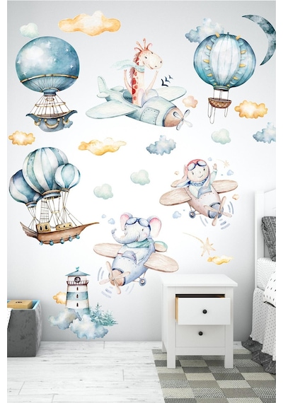 MSticker Sevimli Uçan Balonlar Bulutlar Ve Hayvanlar Çocuk Bebek Odası Sticker Seti