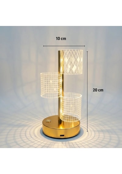 3 Parça Silindirik Kristal Ekose Kareli Led Masa Lambası Gold Gövdeli, Dokunmatik, 3 Kademe Işık Ayarlı Şarjlı Dekoratif Lamba Çok Renkli