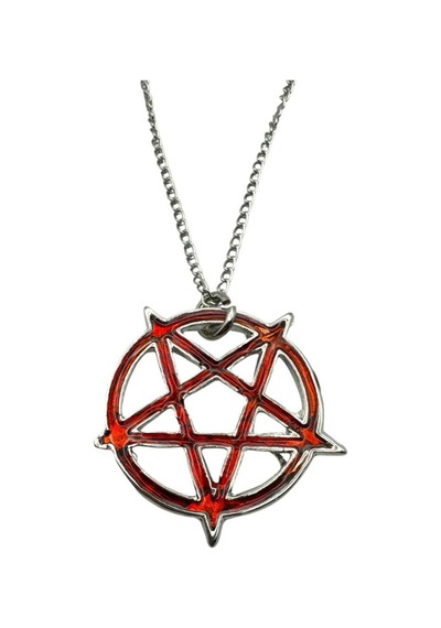 Kırmızı Yuvarlak Pentagram Yıldız Figürlü Unisex Kolye 60 Cm Zincirli Gotik Çok renkli