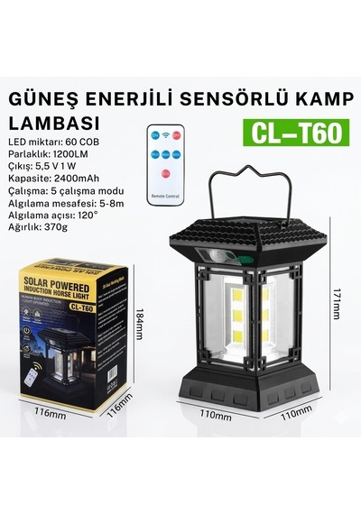 Nobrelto Cl-t60 Smart Solar Light - 60 Cob Led 1200 Lümen Hareket Sensörlü Uzaktan Kumandalı Güneş E Beyaz