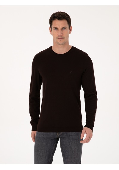 Cacharel Kahverengi Slim Fit Pamuk Karışımlı Bisiklet Yaka Basic Triko Kazak