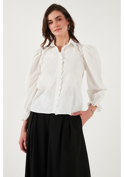 Lela Pamuklu Slim Fit Nakışlı Balon Kol Bayan Gömlek 676208 Ekru