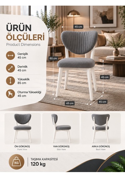 4'lü Mutfak Salon Sandalyesi Modern Gri Kumaş Beyaz Ayak Elma Sandalye