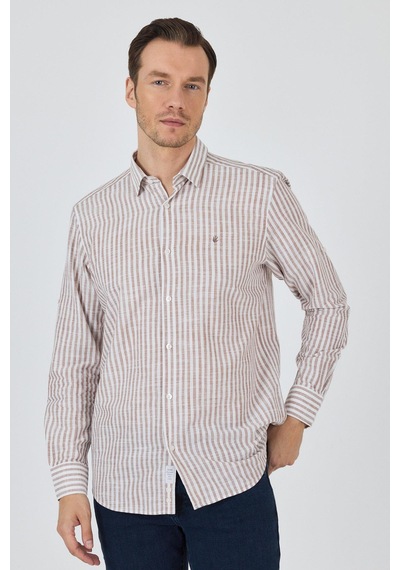 İmza Kahverengi Kısalabilir Kol Cepsiz Pamuk Casual Comfort Fit Gömlek 1004250128 Kahverengi