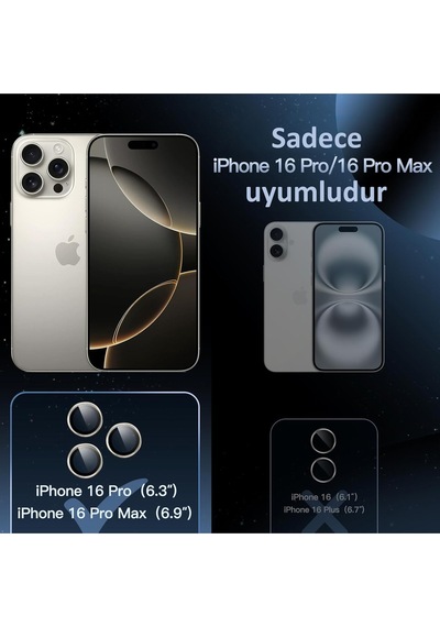 İphone 16 Pro / 16 Pro Max Uyumlu Safir Lens Çizilmez Dayanıklı Kamera Koruyucu