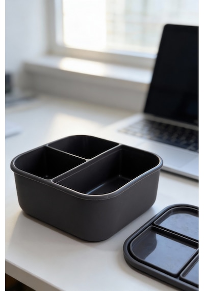 3 Bölmeli Silikon Saklama Kabı Kapaklı, Sızdırmaz, Öğün & Lunch Box Gri