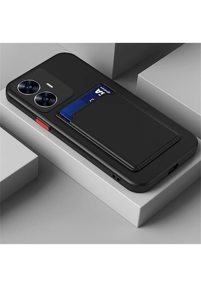 Fibaks Realme C55 Uyumlu Kılıf Kamera Korumalı Arkası Kartlıklı Cüzdanlı Kırmızı Tuşlu Siyah Silikon Kapak