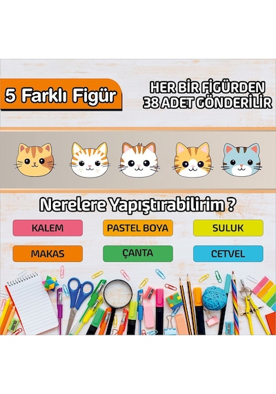 Okul Etiketi Isme Özel Kalem Defter Etiketi Sevimli Kediler -190 Adet Çok Renkli