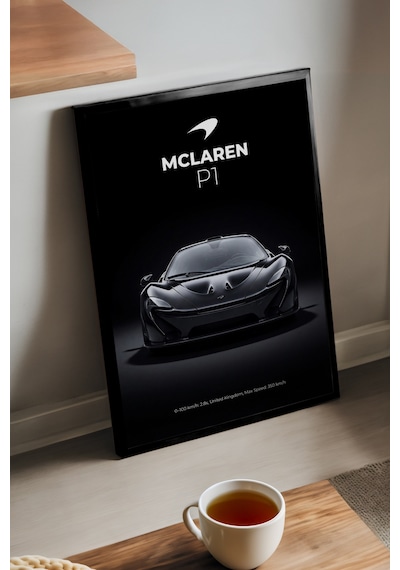 Mclaren P1 Siyah Ahşap Çerçeveli Poster, Dekoratif Araba Duvar Tablosu