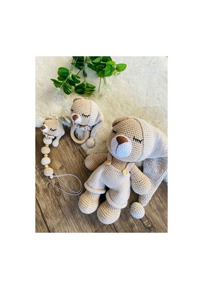 Adenya Sepeti Sepeti Masal Ayıcık Set Bej Renk Örgü Amigurumi Oyuncak + Diş Kaşıyıcı + Emzik Askısı