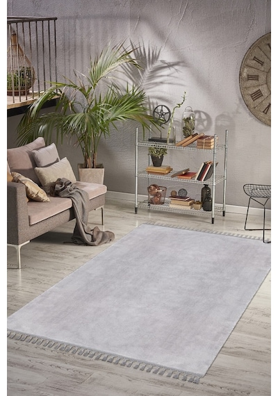 Comfort Oval Overloklu Peluş Halı Gri Gri Ponpon Saçaklı
