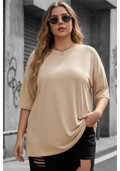 Mily Kadın Büyük Beden Battal Basic Bisiklet Yaka Pamuklu T-shirt Rahat Kesim Unisex Sevgili Kombini Taş Rengi Mily Kadın Büyük Beden Battal Basic Bisiklet Yaka Pamuklu T-shirt Rahat Kesim Unisex Sevgili Kombini Taş Rengi