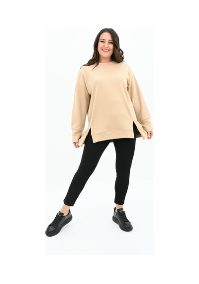 Kadın Büyük Beden Oversize Yırtmaç Detaylı Sweatshirt 1865-25 Bej