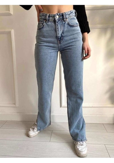 2035 Kadın Likralı Yanı Yırtmaçlı Bol Paça Jeans Kot Denim Pantolon Kar Yıkama