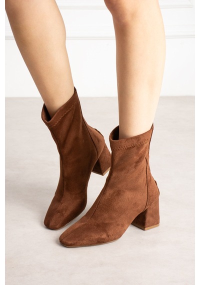 Dabab Shoes Lara Kadın Taba Süet Streç Küt Burun Fermuarlı 6 Cm Kalın Topuklu Bot Bootie