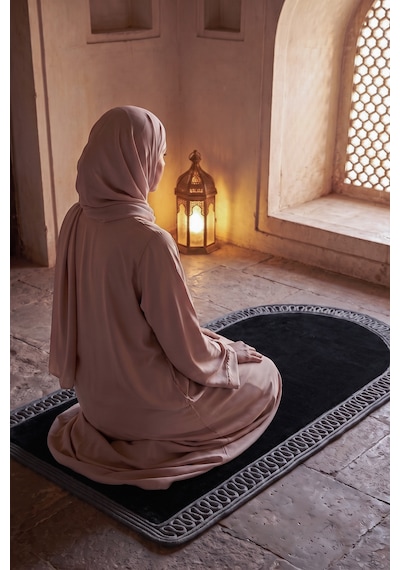 Merplush Mihraplı Peluş Seccade 75x130 Cm Süet Taban Yıkanabilir Yumuşak Namaz Halısı Siyah - Füme